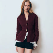 Women's V-Neck Metal Button Cardigan – Long Sleeve Slit Hem Sweater