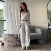 Women's Square Collar Floral Print Two-Piece Loungewear Set