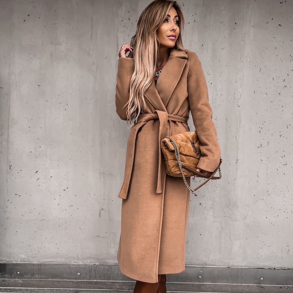 Women's V-Neck Lace Up Long Woolen Coat | Elegant Winter Outerwear