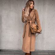 Women's V-Neck Lace Up Long Woolen Coat | Elegant Winter Outerwear