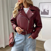 Women's Vintage Lapel Slim-Fit PU Leather Biker Jacket | Outerwear