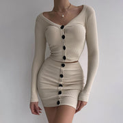 Women's Slim-Fit Blouse & Skirt Suit – Buttoned Long-Sleeve Set