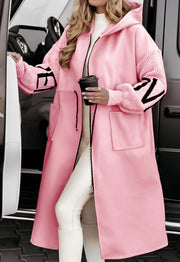 Women's Hooded Windbreaker Long Jacket | Knit-Sleeve Trench Coat with Pockets