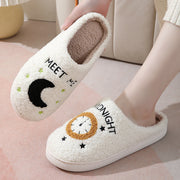 Women's Moon & Clock Print Plush Slippers | Warm Winter House Shoes