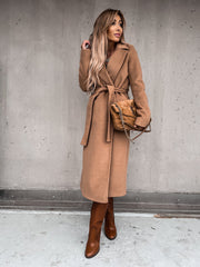 Women's V-Neck Lace Up Long Woolen Coat | Elegant Winter Outerwear