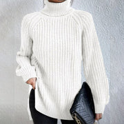 Women's Turtleneck Split Design Sweater | Long Sleeve Solid Color Pullover