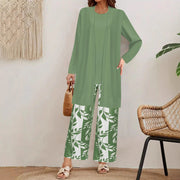 Women's 3-Piece Leaf Print Lounge Set | Cardigan, Tank Top & Wide-Leg Pants