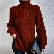 Women's Turtleneck Split Design Sweater | Long Sleeve Solid Color Pullover