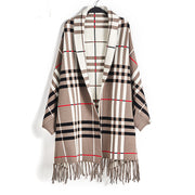 Women's Plaid Knit Cardigan, Mid-Length Tassel Shawl Coat – Casual