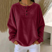 Women's Loose-Fit Corduroy Button Sweatshirt | Round Neck Solid Color Pullover