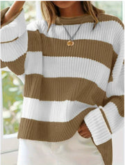 Women's Loose Batwing Sleeve Striped Sweater | Casual Round Neck Knit Top