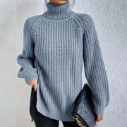 Women's Turtleneck Split Design Sweater | Long Sleeve Solid Color Pullover