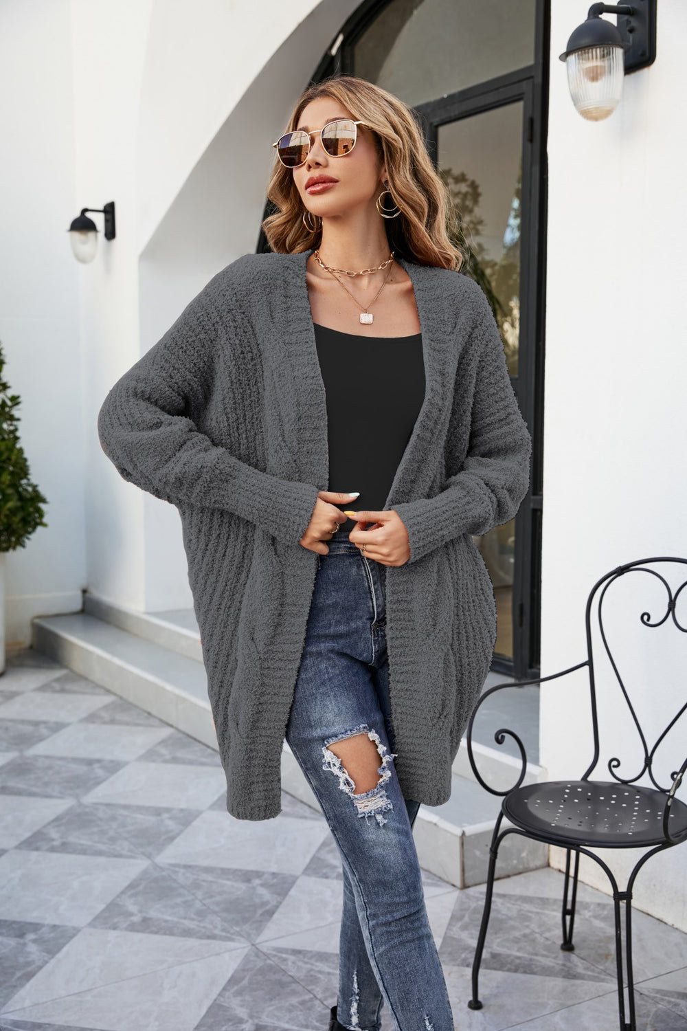 Women's V-Neck Twist Knit Cardigan, Loose Fit – Casual