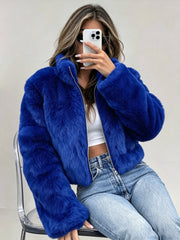 Women's Cropped Faux Fur Jacket | Stand Collar Zip-Up