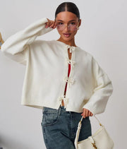 Women's Lace-Up Loose Knit Cardigan, Solid Color Sweater – Casual