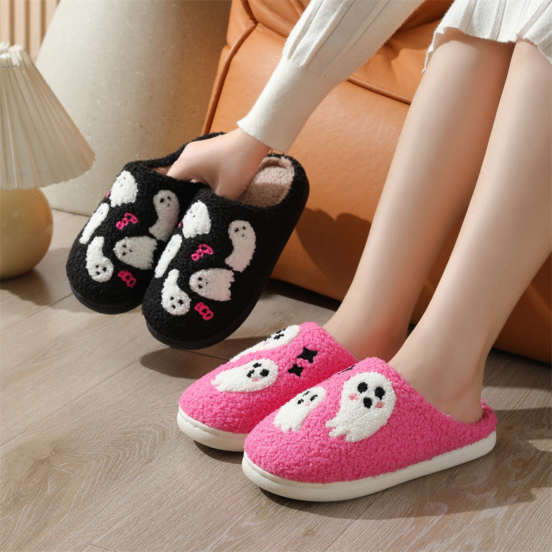 Women's Halloween Cartoon Ghost Cotton Slippers | Non-Slip Winter House Shoes