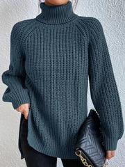 Women's Turtleneck Split Design Sweater | Long Sleeve Solid Color Pullover