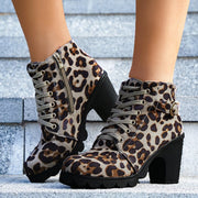 Women's Leopard Print Chunky Heel Ankle Boots | Suede Lace-Up Zip Boots