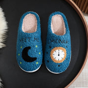 Women's Moon & Clock Print Plush Slippers | Warm Winter House Shoes