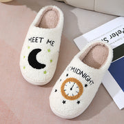 Women's Moon & Clock Print Plush Slippers | Warm Winter House Shoes
