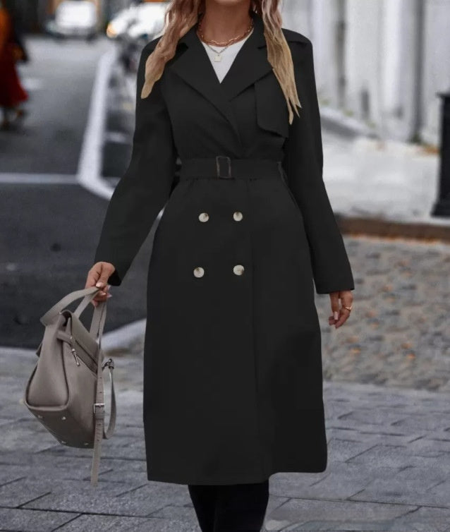 Women's Double-Breasted Trench Coat | Lapel Belted Long Winter Jacket