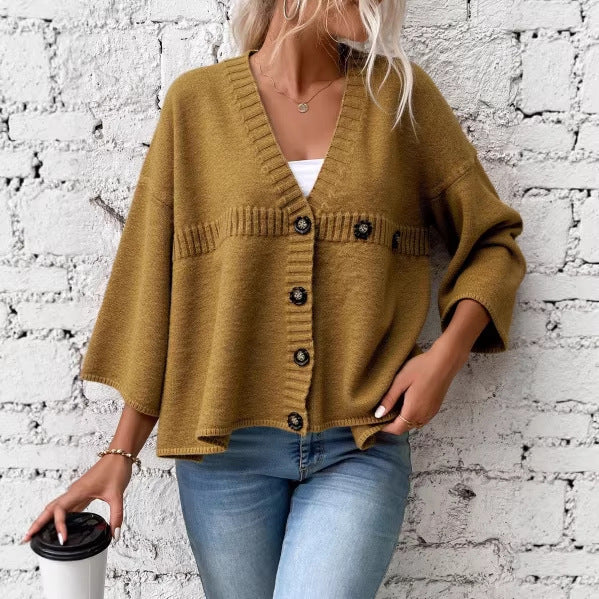 Women's V-Neck Single Breasted Knitted Cardigan – Casual Open-Front Coat