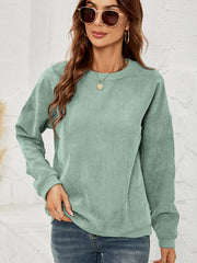 Women's Corduroy Pullover Sweatshirt | Solid Round Neck Long Sleeve Top