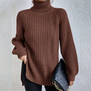 Women's Turtleneck Split Design Sweater | Long Sleeve Solid Color Pullover