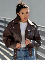 Women's Vintage Lapel Slim-Fit PU Leather Biker Jacket | Outerwear