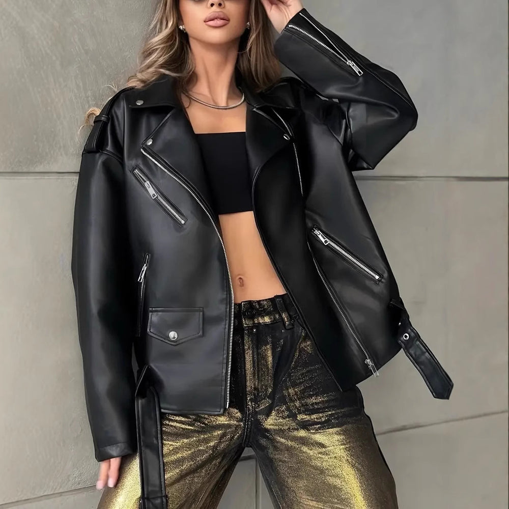Women's Loose Fit PU Leather Biker Jacket | Vintage Boyfriend Style