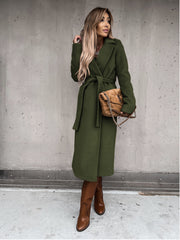 Women's V-Neck Lace Up Long Woolen Coat | Elegant Winter Outerwear