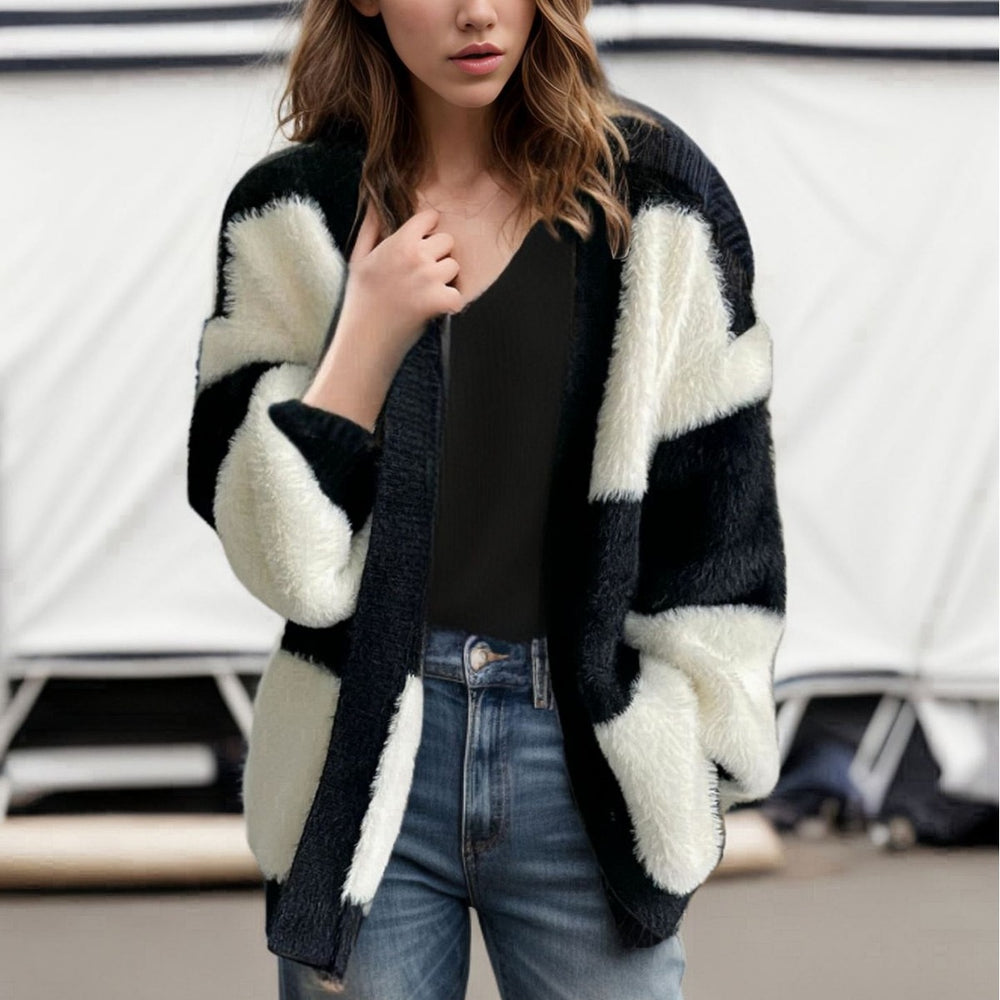 Women's Loose V-Neck Knit Cardigan, Striped – Casual