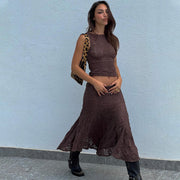 Women's Ripped Two-Piece Skirt Suit – Sleeveless Solid Color Set