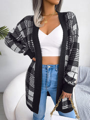 Women's Plaid Tie-Front Lantern Sleeve Cardigan Sweater – Casual