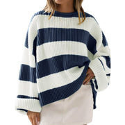 Women's Loose Batwing Sleeve Striped Sweater | Casual Round Neck Knit Top
