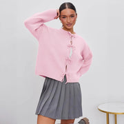 Women's Lace-Up Loose Knit Cardigan, Solid Color Sweater – Casual