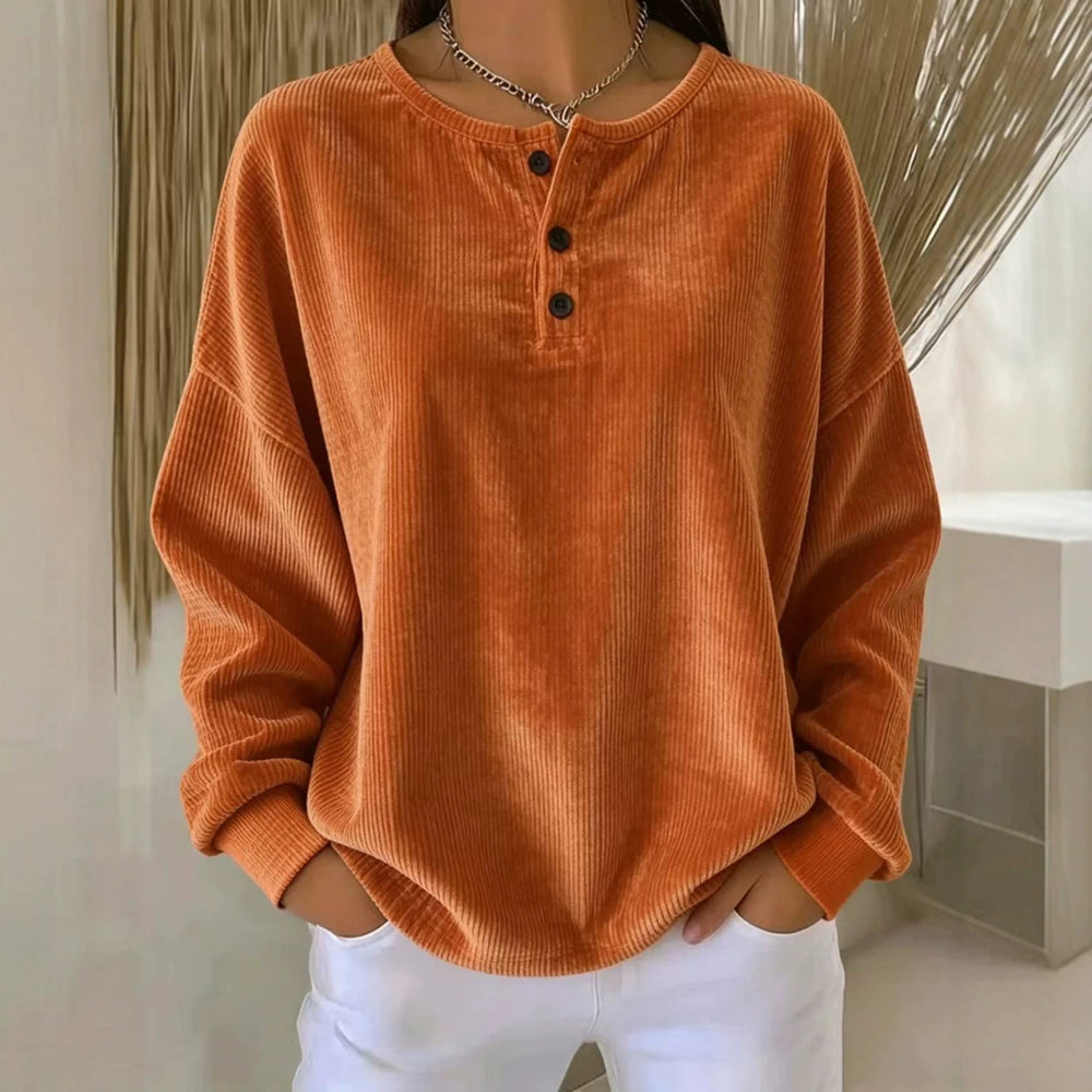 Women's Loose-Fit Corduroy Button Sweatshirt | Round Neck Solid Color Pullover