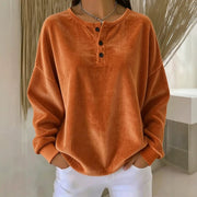 Women's Loose-Fit Corduroy Button Sweatshirt | Round Neck Solid Color Pullover