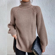 Women's Turtleneck Split Design Sweater | Long Sleeve Solid Color Pullover