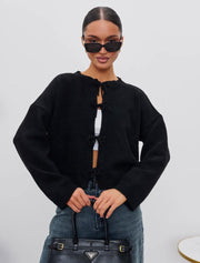 Women's Lace-Up Loose Knit Cardigan, Solid Color Sweater – Casual