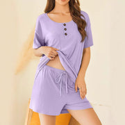 Women's Two-Piece Short Set – Solid Color Short Sleeve Shorts Suit
