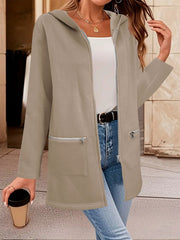 Women's Long Hooded Open Front Cardigan | Loose Zip Pocket Outerwear