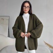 Women's Solid Color Mid-Length Knit Cardigan Top – Casual