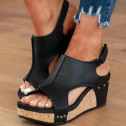 Women's Wedge Peep Toe Platform Sandals | Rivet Detail Patent Leather