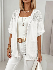 Women's Plus Size Hollow-Out Hooded Cardigan | Drawstring Jacket