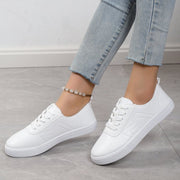 Women's Round Toe White Casual Shoes – Flat Platform Lace-Up Sneakers