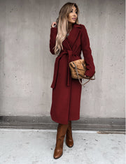 Women's V-Neck Lace Up Long Woolen Coat | Elegant Winter Outerwear