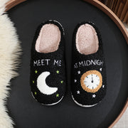 Women's Moon & Clock Print Plush Slippers | Warm Winter House Shoes